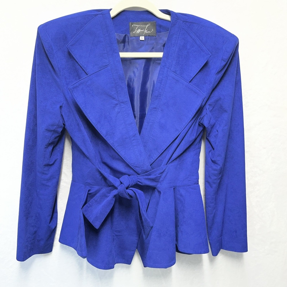 Tiffani Kim VTG Faux Suede? Wrap Blazer Jacket Womens 6 Tie Waist Shoulder Pads